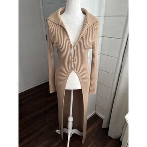Clio‎ Sweater Cardigan Duster Womens Large Beige Ribbed Cutout 90s Y2K Vintage